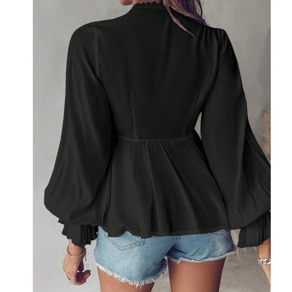 Boho Butterfly Embroidered Front Tie V neck Flounce sleeve Blouse - Picture 7 of 8